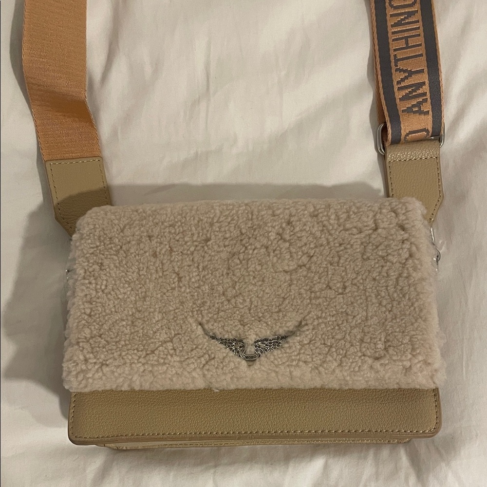 Zadig & Voltaire Beige Shearling-Trim Crossbody Bag with Branded Strap